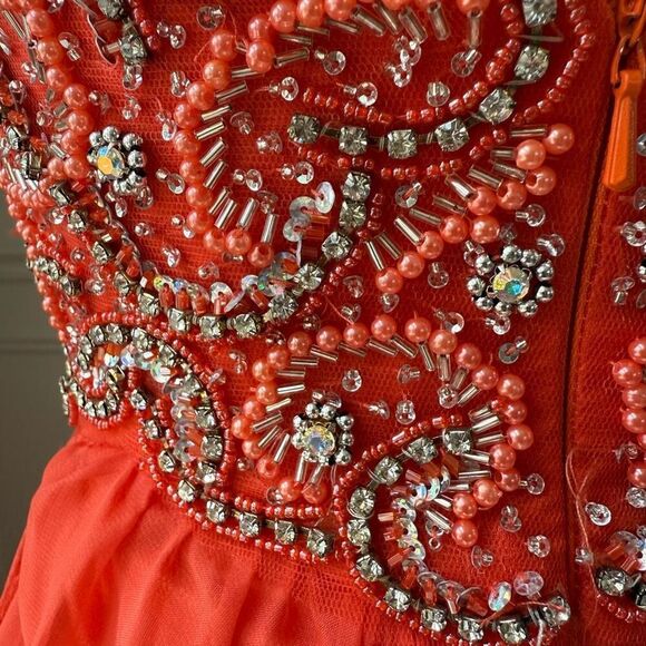 Sherri Hill Sweetheart Strapless Beaded Coral Formal Gown Prom Pagent Dress 0972 - Picture 4 of 10